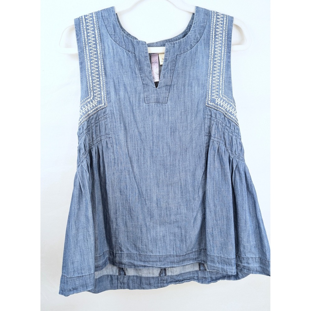 Boho Embroidered Pleated Chambray Sleeveless Top Size M Blue Western Festival - Picture 2 of 8